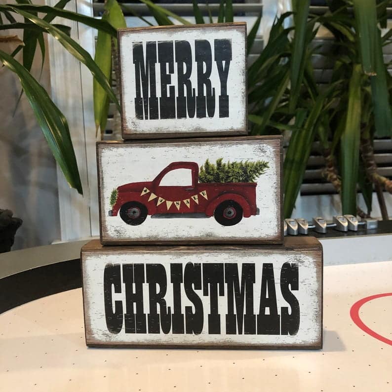 Merry Christmas wood block set with Christmas Red Truck as the middle block