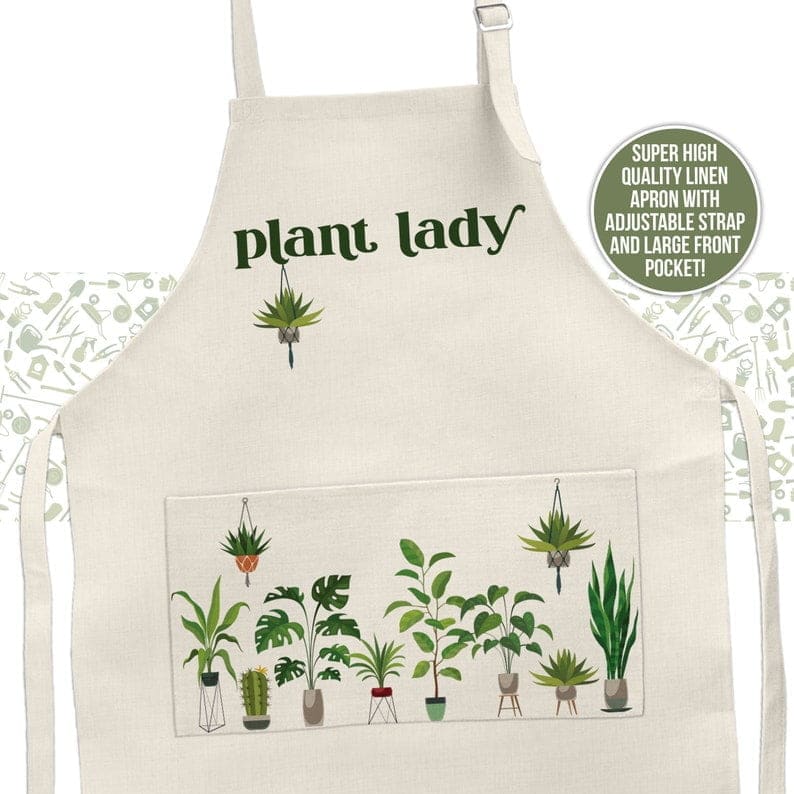 plant lady apron with plants printed on