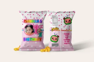 Custom chip bags that have been printed out, they have the birthday child's photo and cocomelon characters