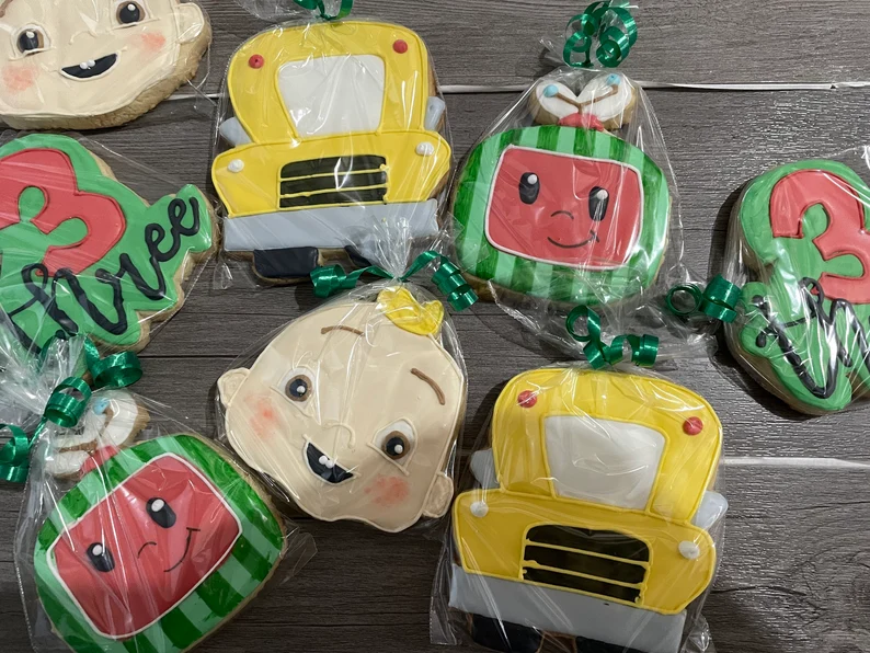 Cocomelon themed sugar cookies with icing