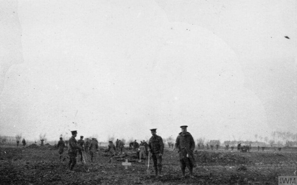 Soldiers from both Germany and Britain burying their dead during WW1