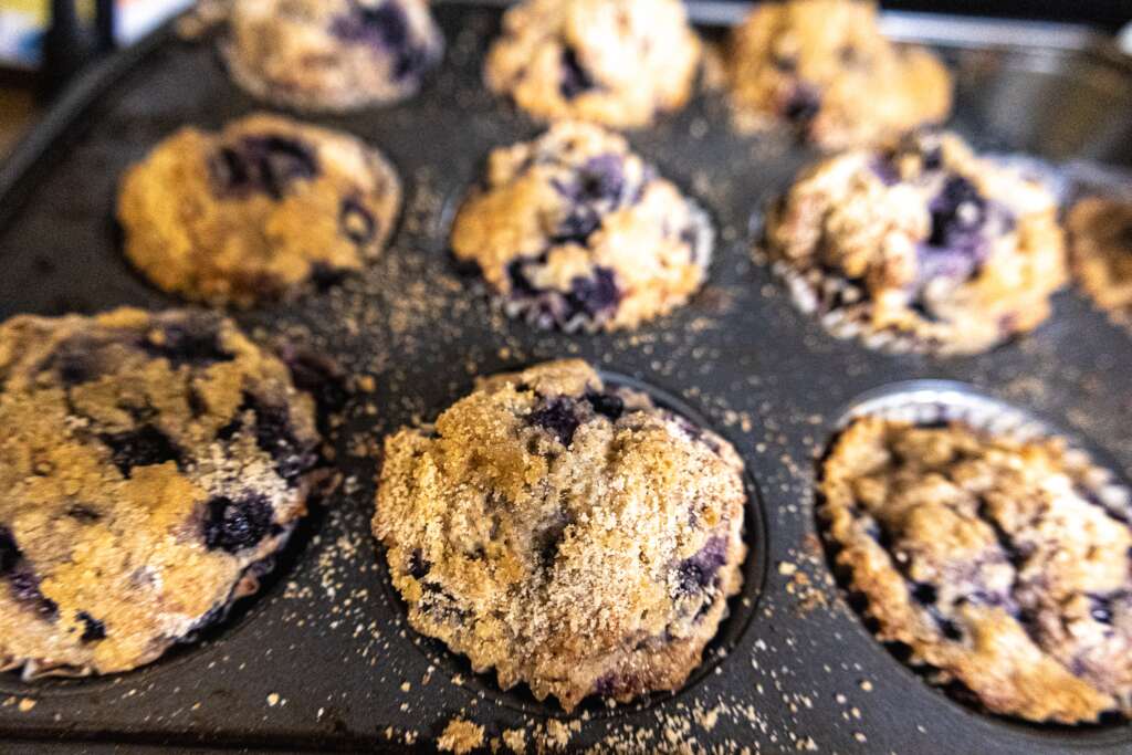 Baked old fashioned style blueberry muffins with crumble