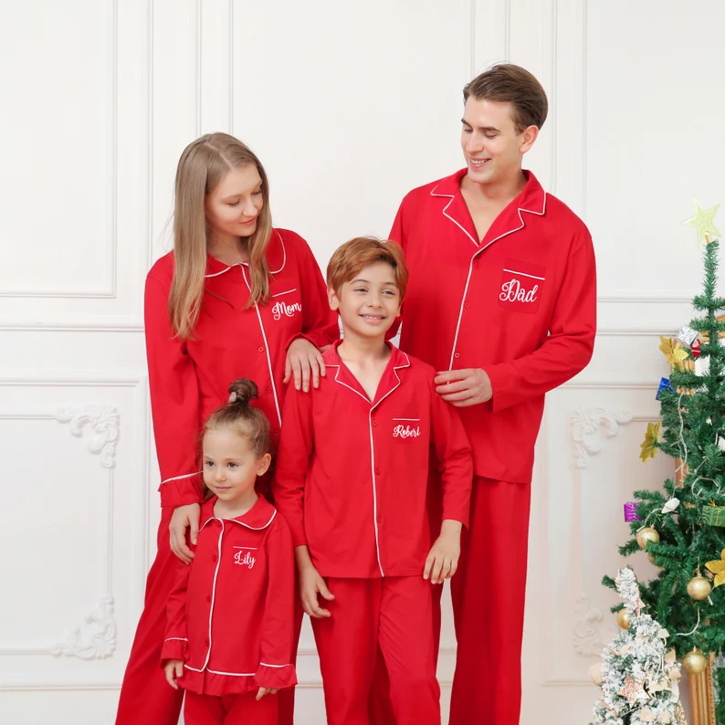 Red with white piping and customized name  Christmas pajamas for the family