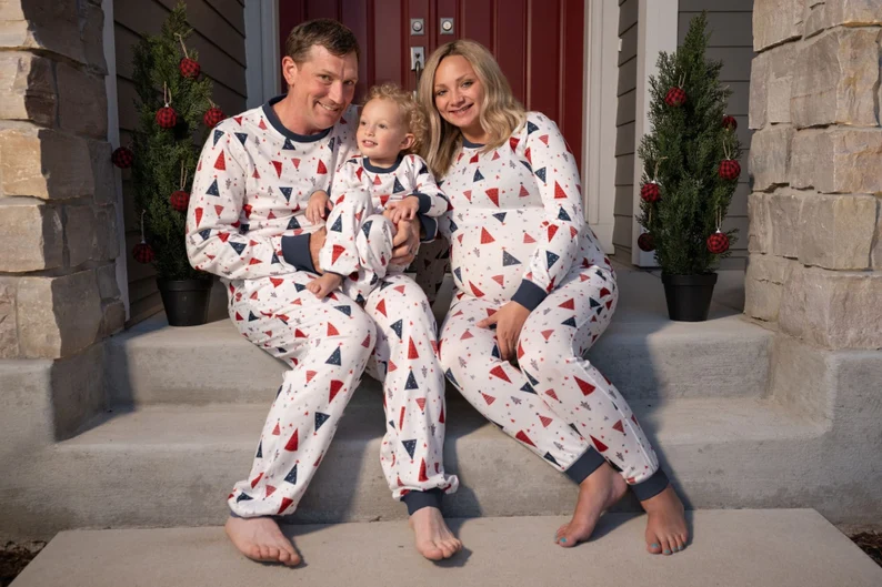 Matching Family Pajama Sets white with red and green Christmas tree pattern 