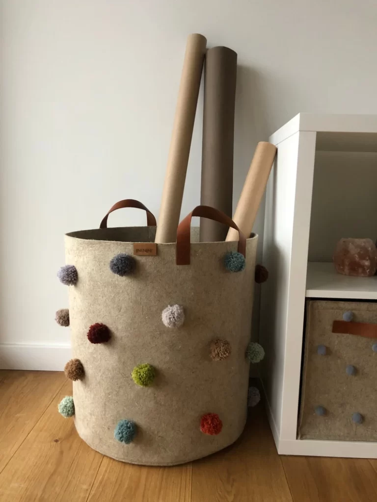 Linen felt basket with pom poms