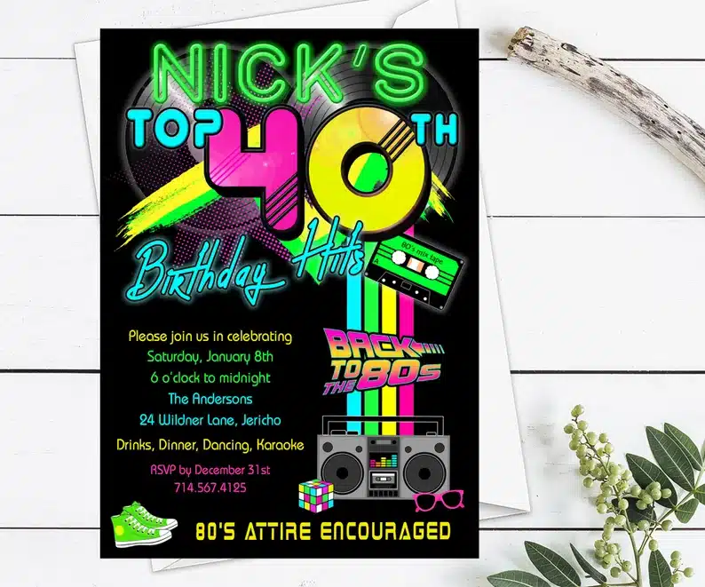 80s themed 40th birthday party invitation