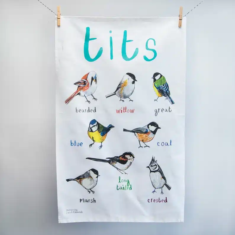 Tits bird tea towel with assorted birds 