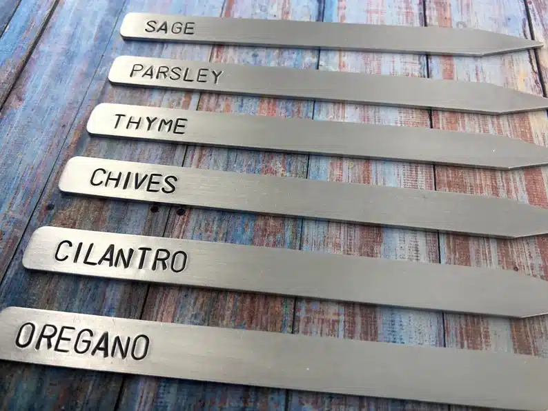 Metal Garden Markers with names of herbs and plants on them