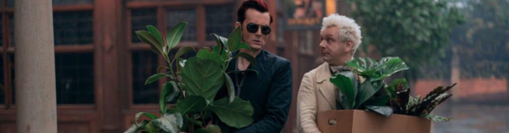 Good Omens press photo: David Tennant (Crowley), Michael Sheen (Aziraphale)