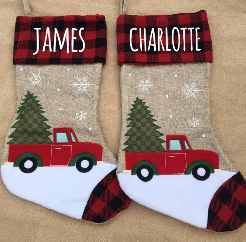 Personalized Christmas Stocking (1) truck plaid