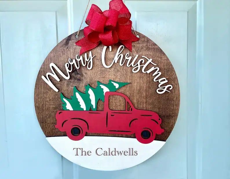 Pickup Truck and Tree, Christmas Front Door Hanging Sign
